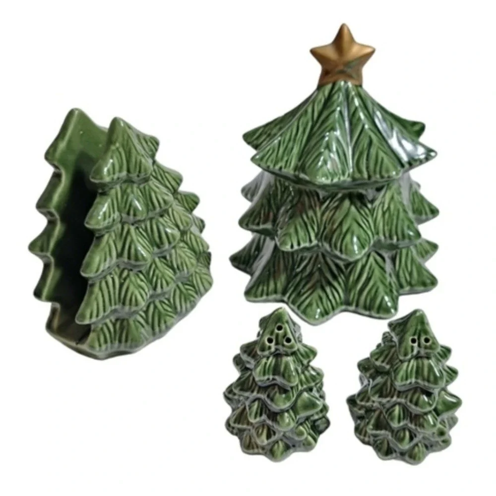 Vintage Ceramic Christmas Tree 4pc Set Green Leaf Pattern Napkin Holder Salt